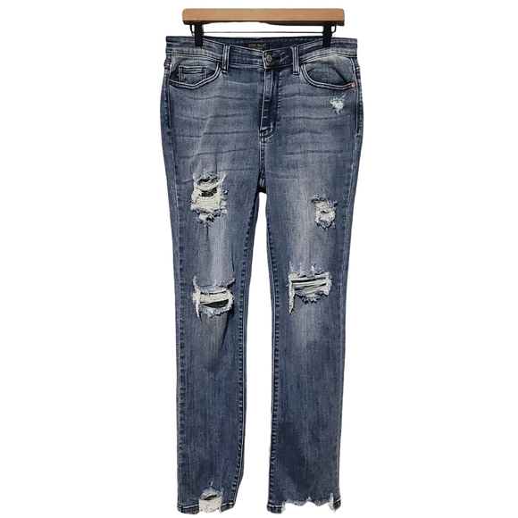 JUDY BLUE Jeans 13/31 Distressed Straight Leg Mid Rise Raw Hem Style JB82425MD - Picture 2 of 10